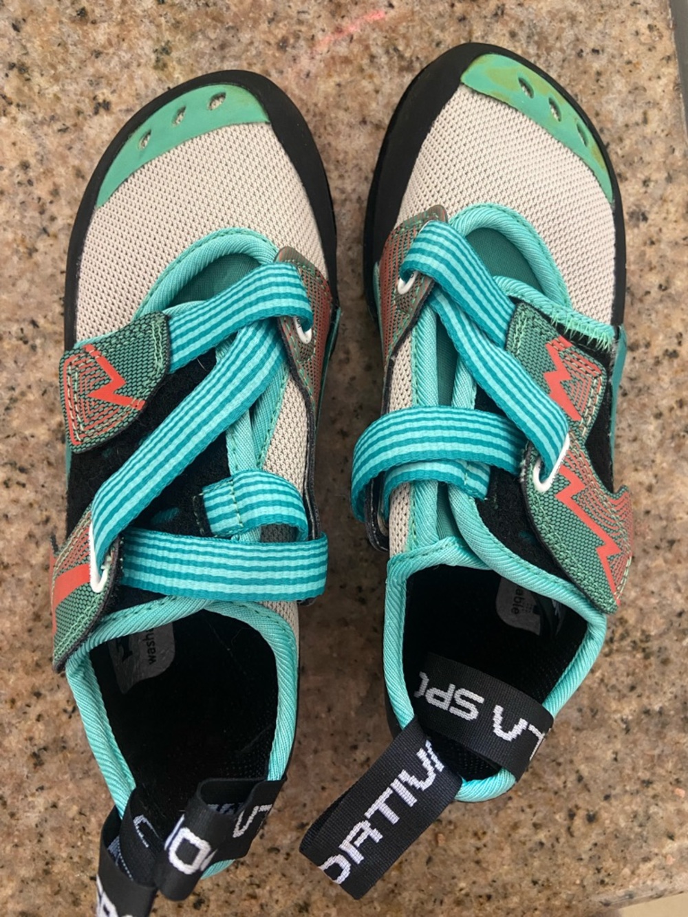 La Sportiva Kids Teal and Coral Climbing Sneakers